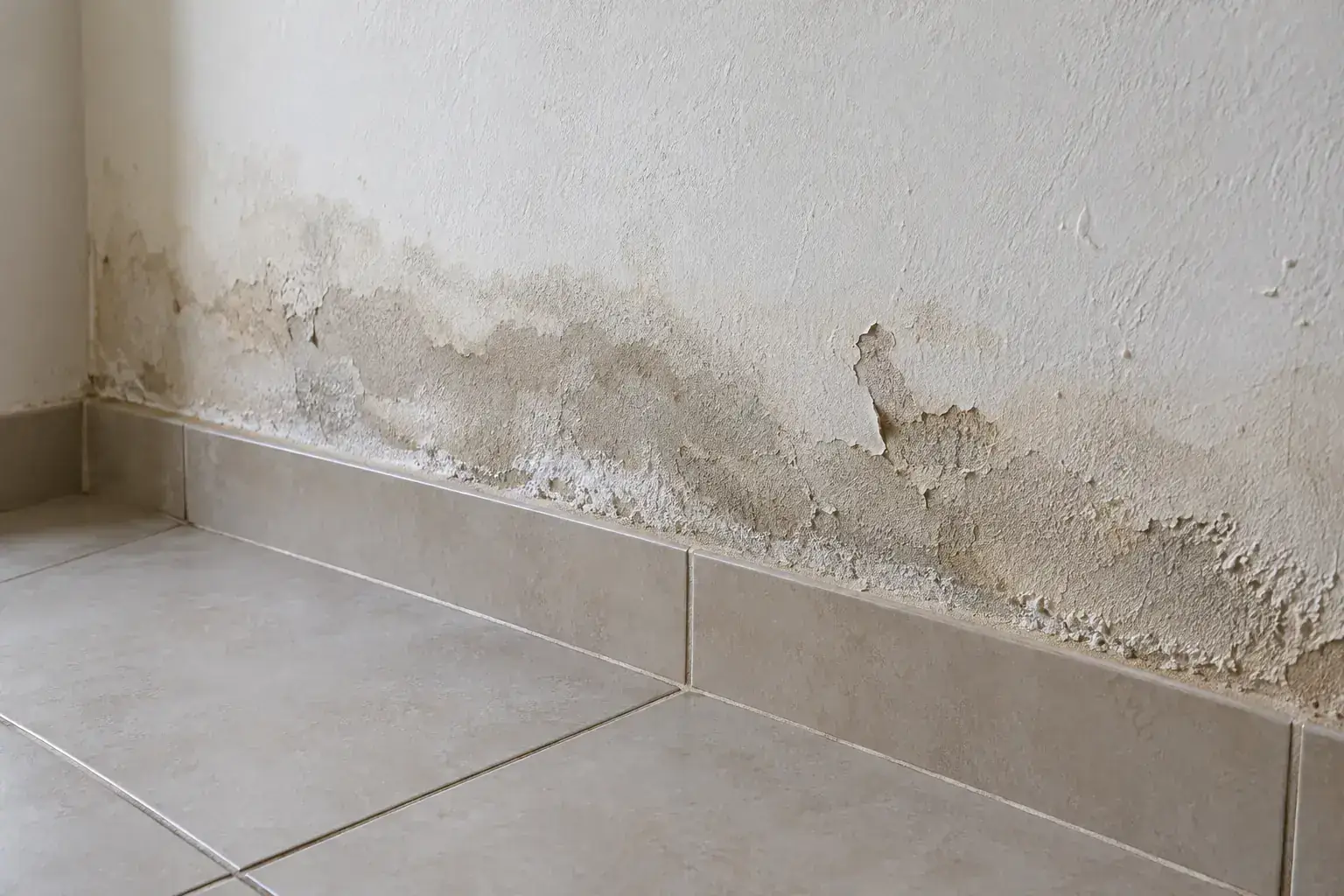 Sinais de umidade e descascamento na superfície de uma parede