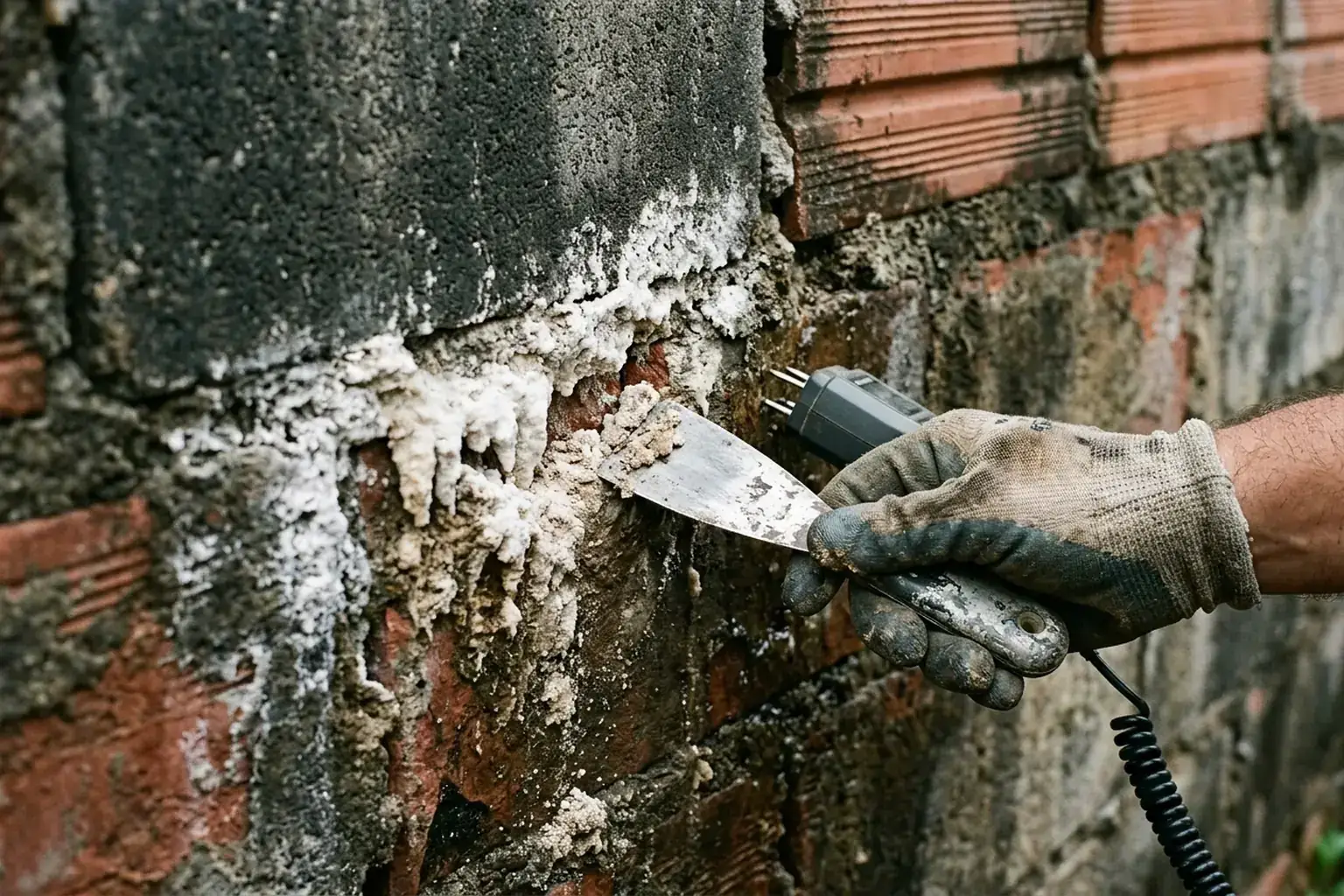 Depósitos esbranquiçados na superfície de um muro de alvenaria