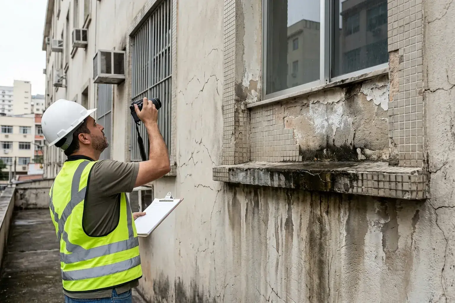 Inspeção de manchas de umidade e deterioração junto a uma janela na fachada