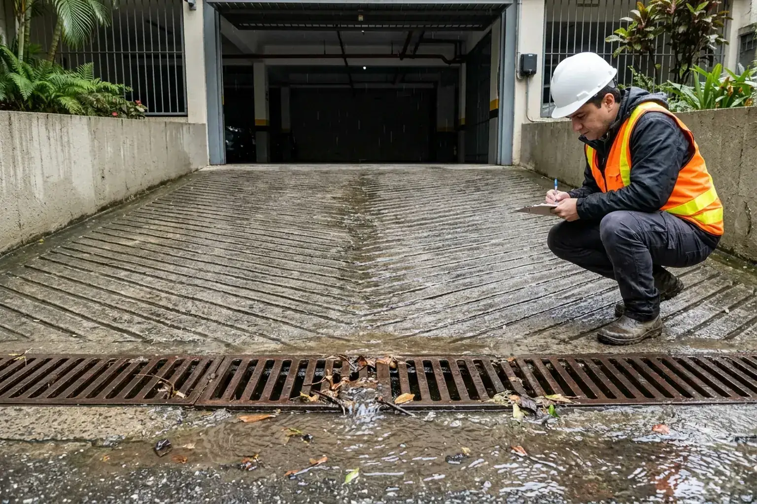 Inspeção de rampa de garagem e canaleta de drenagem após a chuva