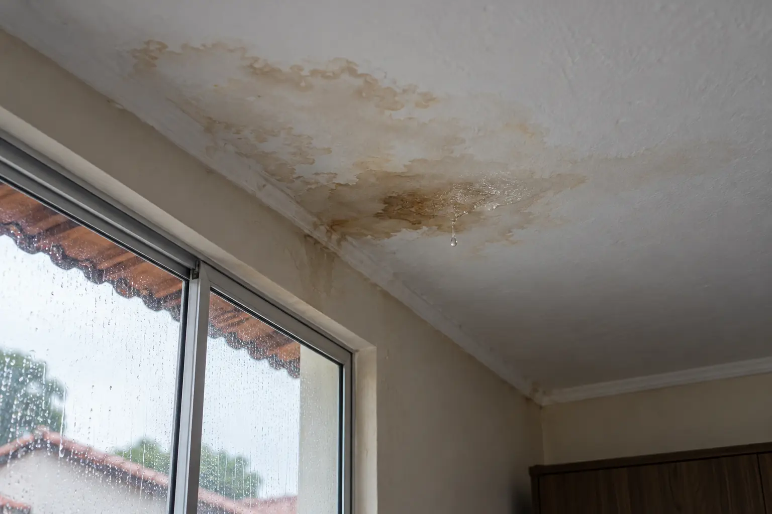 Mancha de umidade e gotejamento em teto residencial