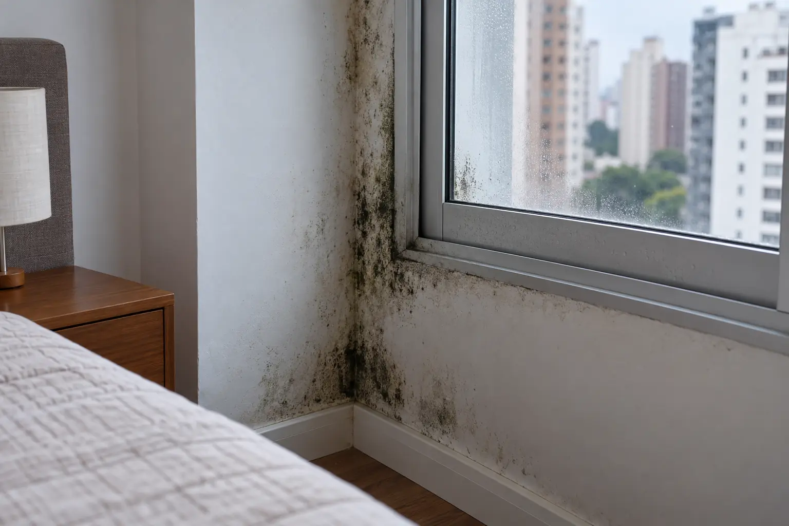 Manchas de bolor em canto de parede de um ambiente residencial