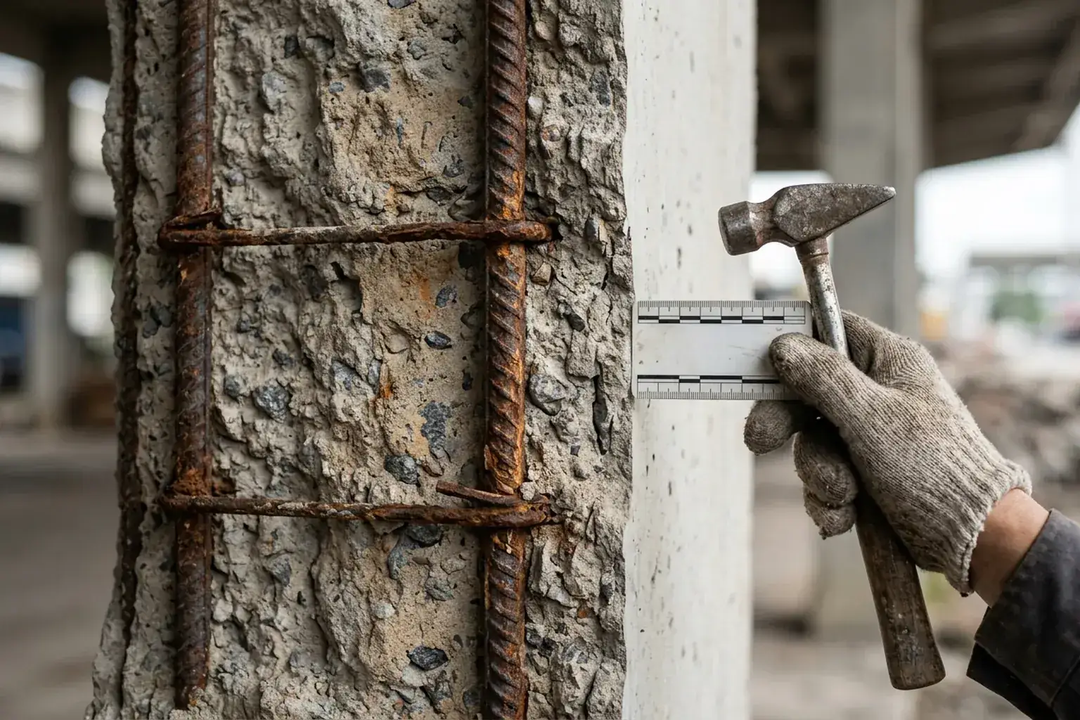 Armadura exposta e concreto desplacado em elemento estrutural