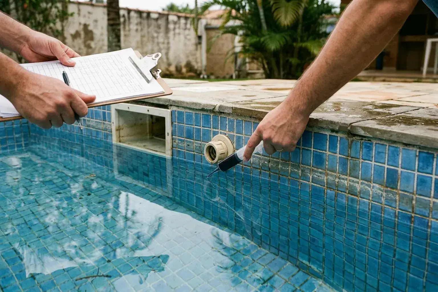 Inspeção da linha de água e dos pontos de passagem em uma piscina