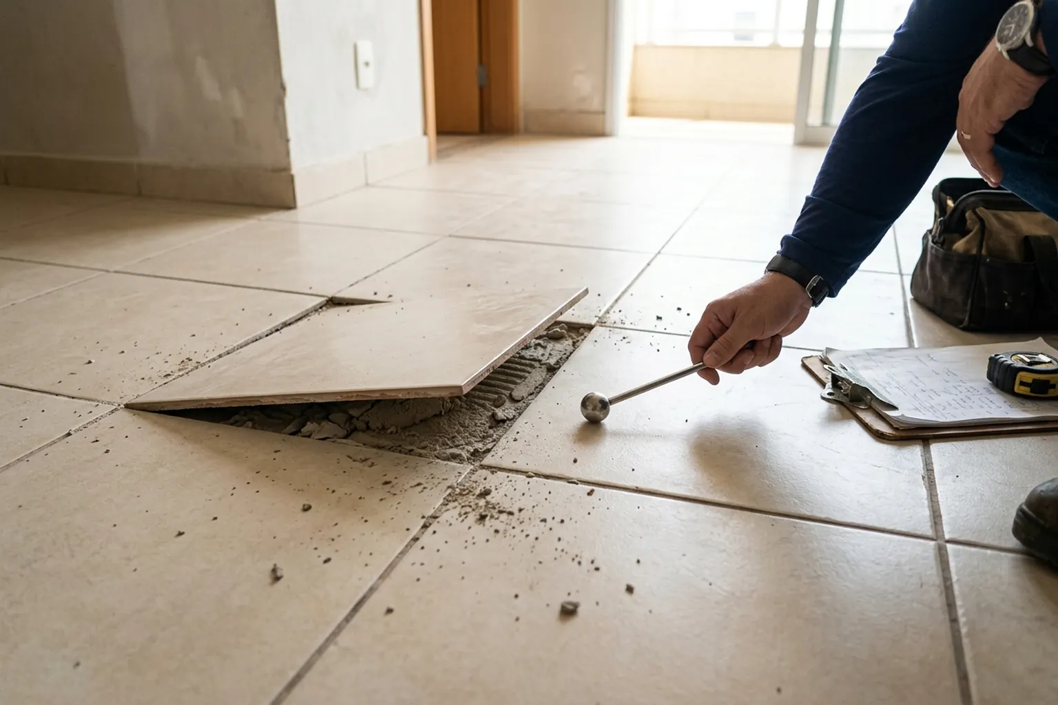 Inspeção de placas cerâmicas levantadas e da base de assentamento