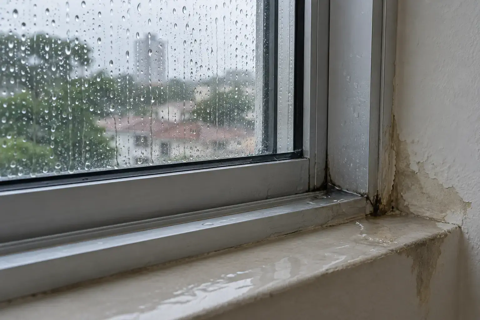 Água da chuva junto ao peitoril e à esquadria de uma janela